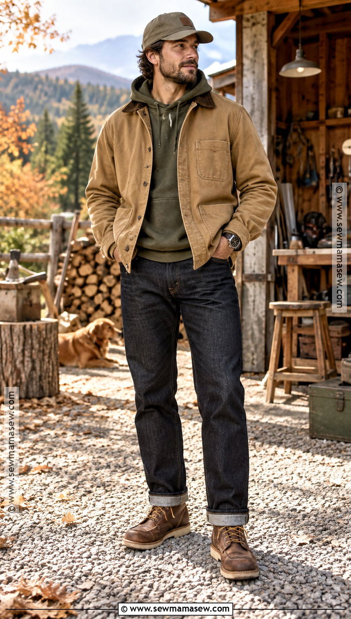 Olive Hoodie With Chore Coat And Raw Denim - 15 Fall Hoodie Outfit Ideas for Men
