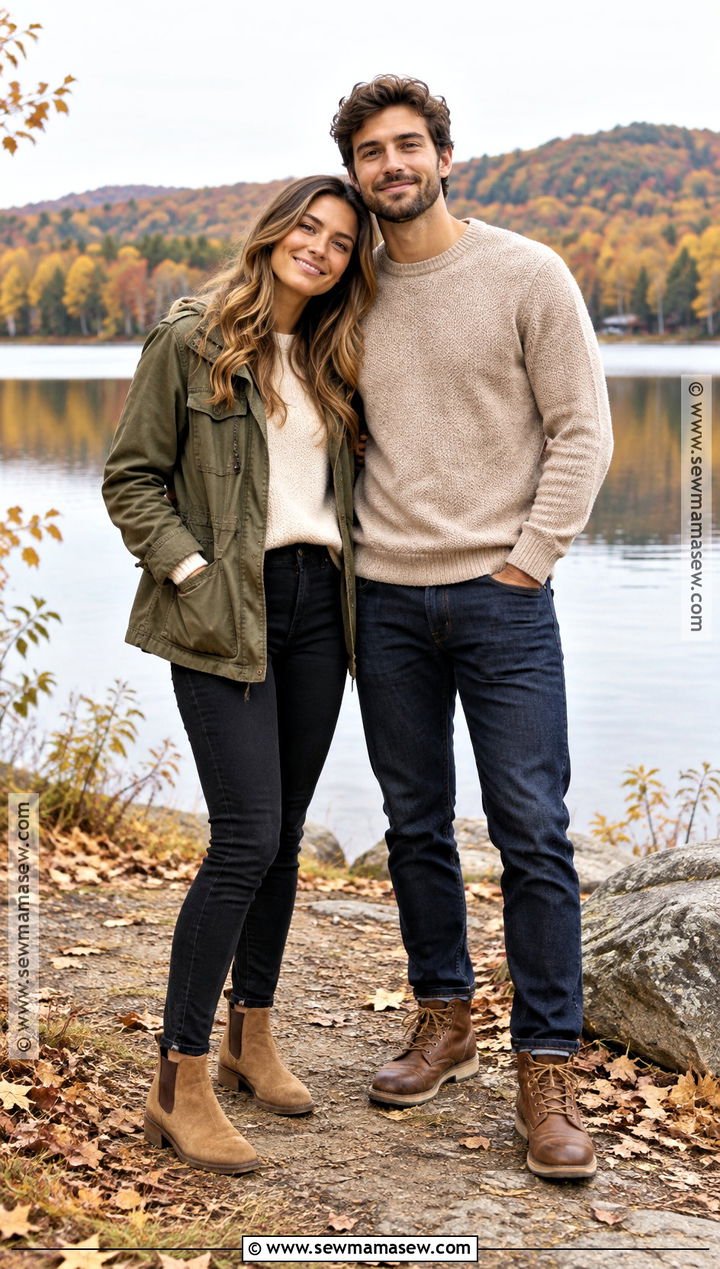 Olive Jacket And Beige Knit Fall Couple Outfit - 25 fall photo shoot outfits for couples