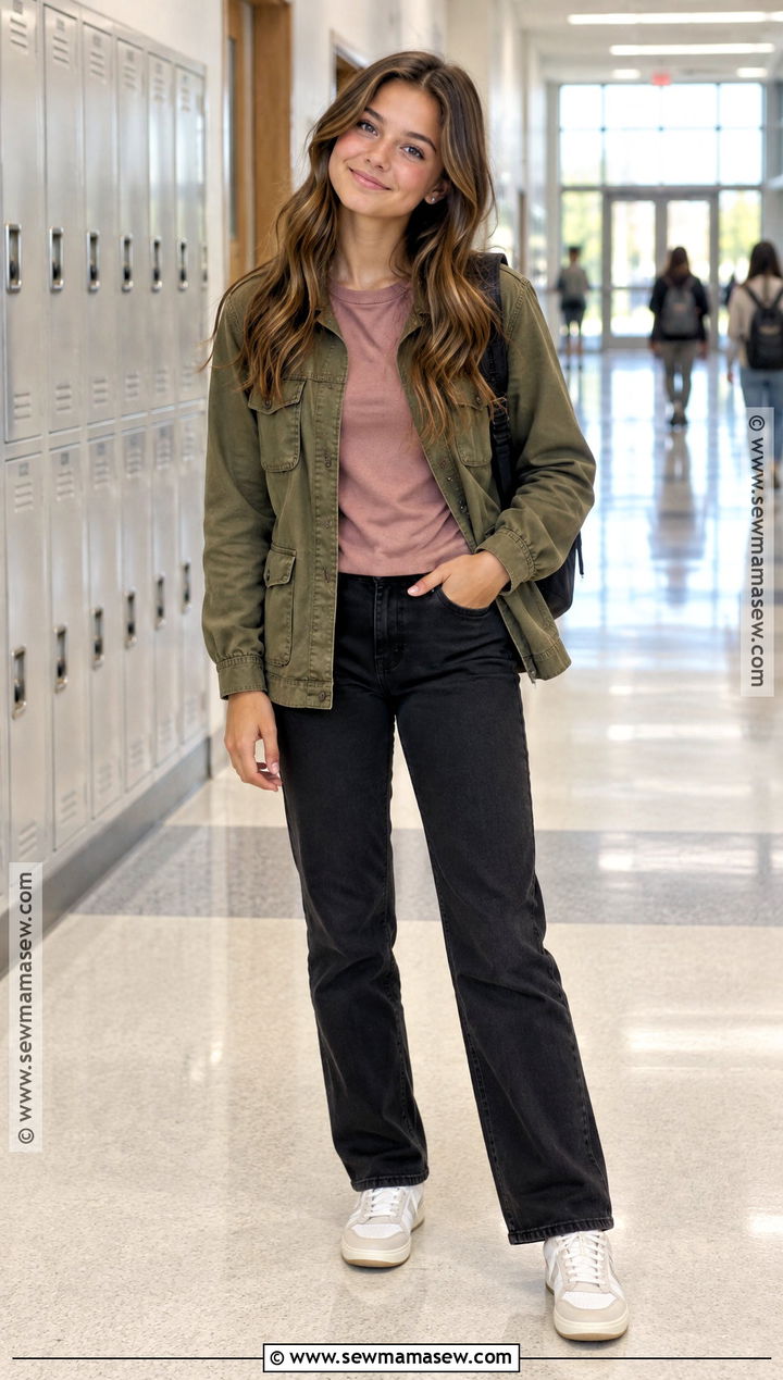 Olive Jacket And Black Pants School Photo Outfit - 15 fall school photos outfits