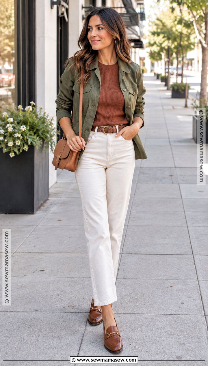Olive Jacket And Cream Jeans Outfit - 15 Warm Fall Color Palette Clothes