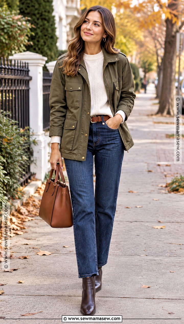 Olive Jacket And Dark Jeans Autumn Outfit - 25 classy autumn outfits