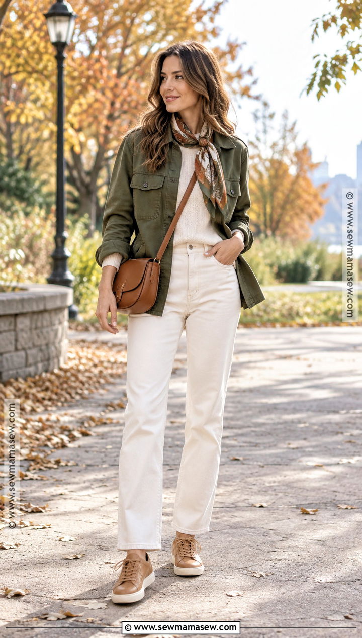 Olive Jacket And Ecru Jeans Fall Capsule Outfit - 15 Fall 2026 Wardrobe Capsule Ideas