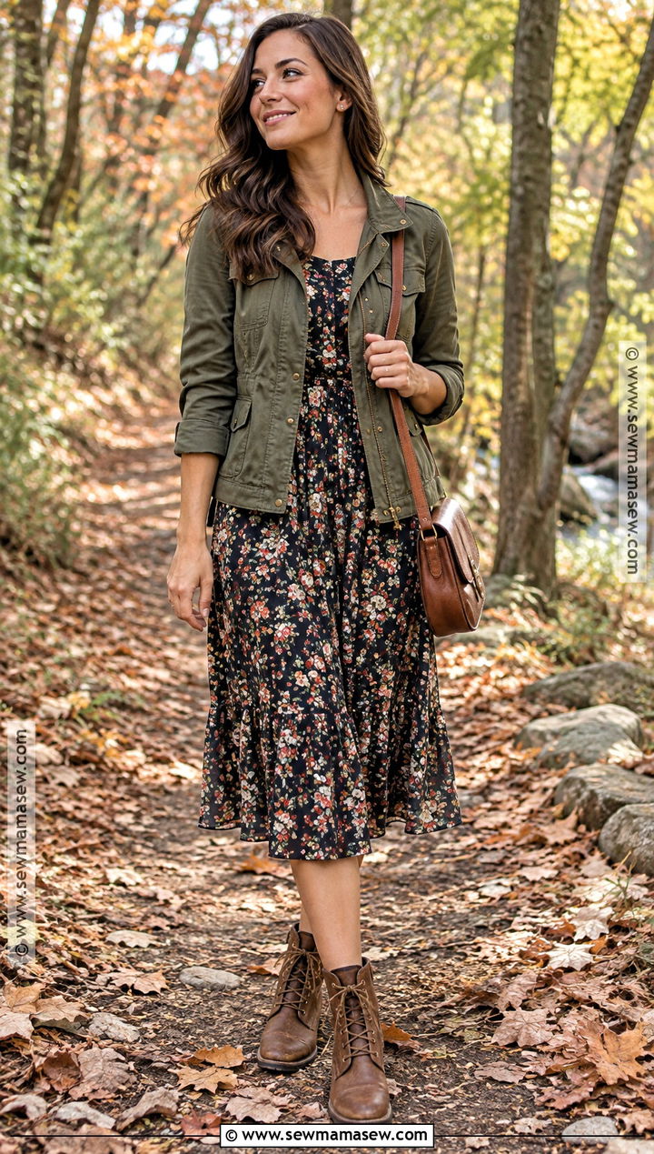 Olive Jacket And Floral Dress Fall Photoshoot Outfit - 20 Fall Outfits For Photoshoot