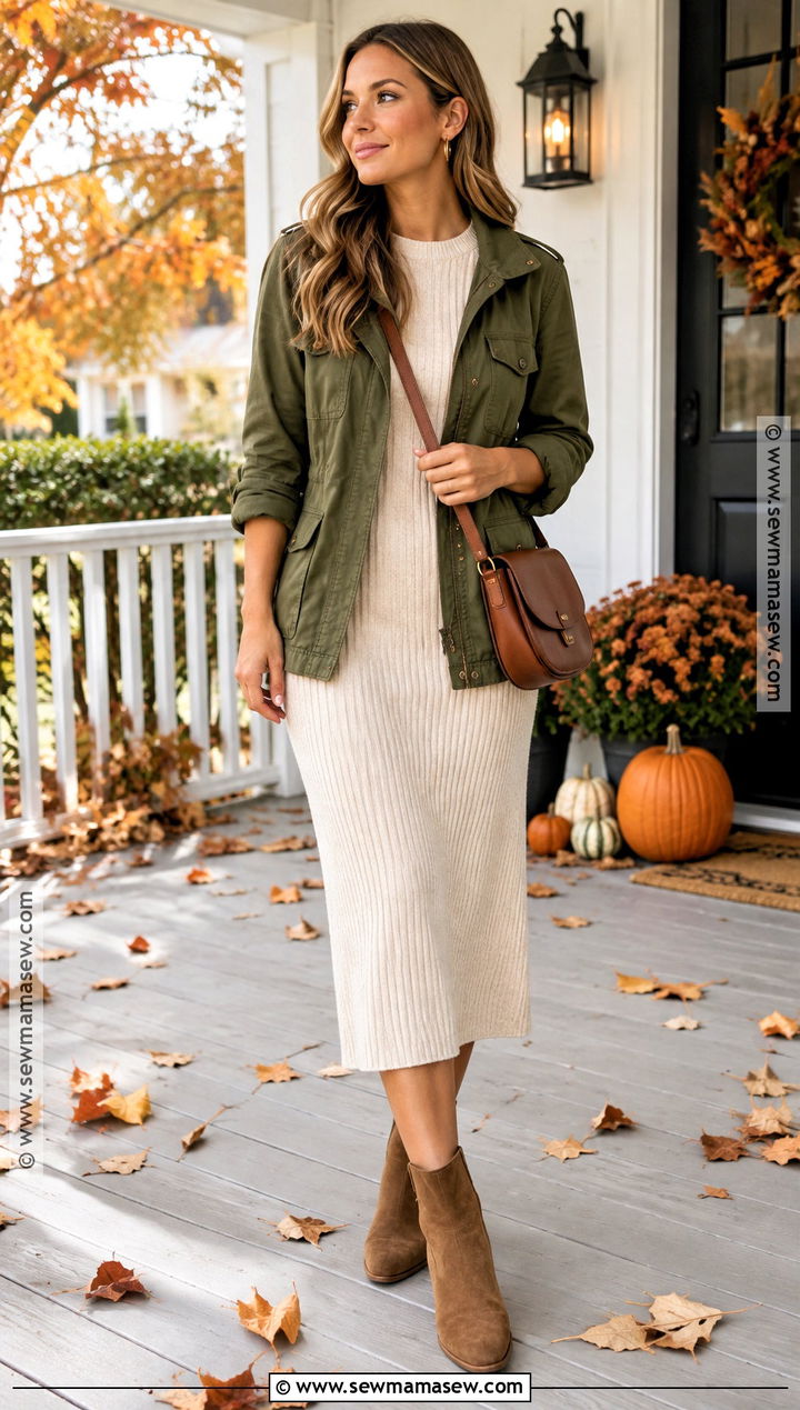 Olive Jacket And Knit Dress Thanksgiving Outfit - 25 Thanksgiving Dinner Outfit Ideas