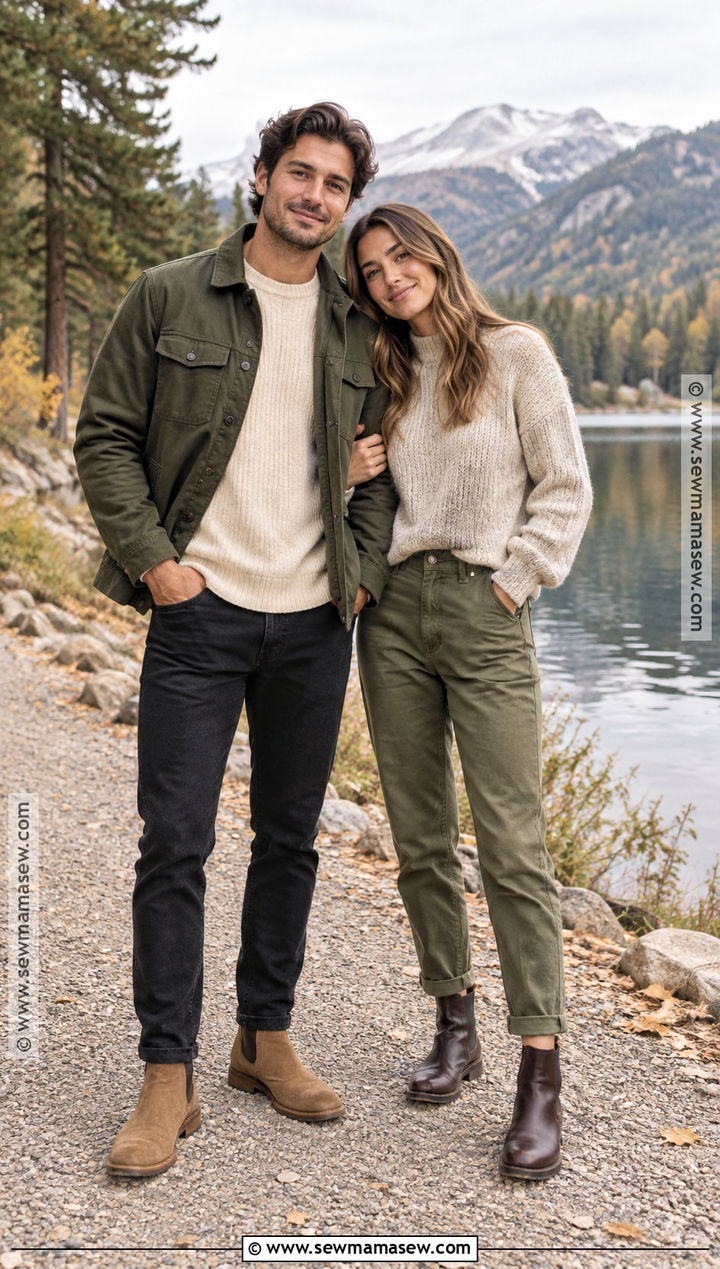 Olive Jacket And Neutral Knit Fall Couple Photo Outfit - 20 fall couple photos outfits