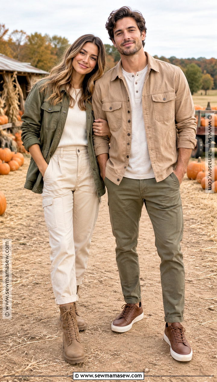 Olive Jacket And Neutral Pants Couple Outfit - 25 pumpkin patch outfit ideas for couples