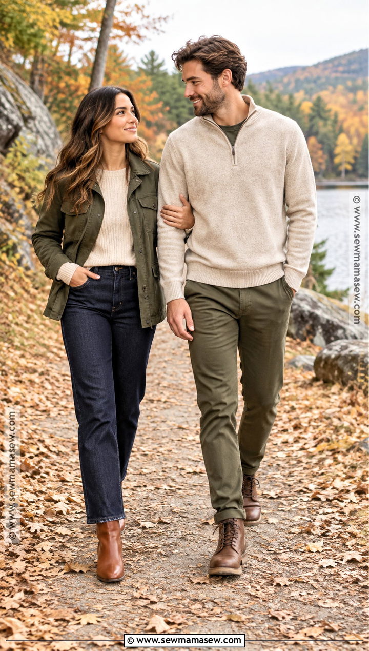 Olive Jacket And Oatmeal Sweater Fall Couple Outfit - 15 coordinating couple outfits for pictures fall