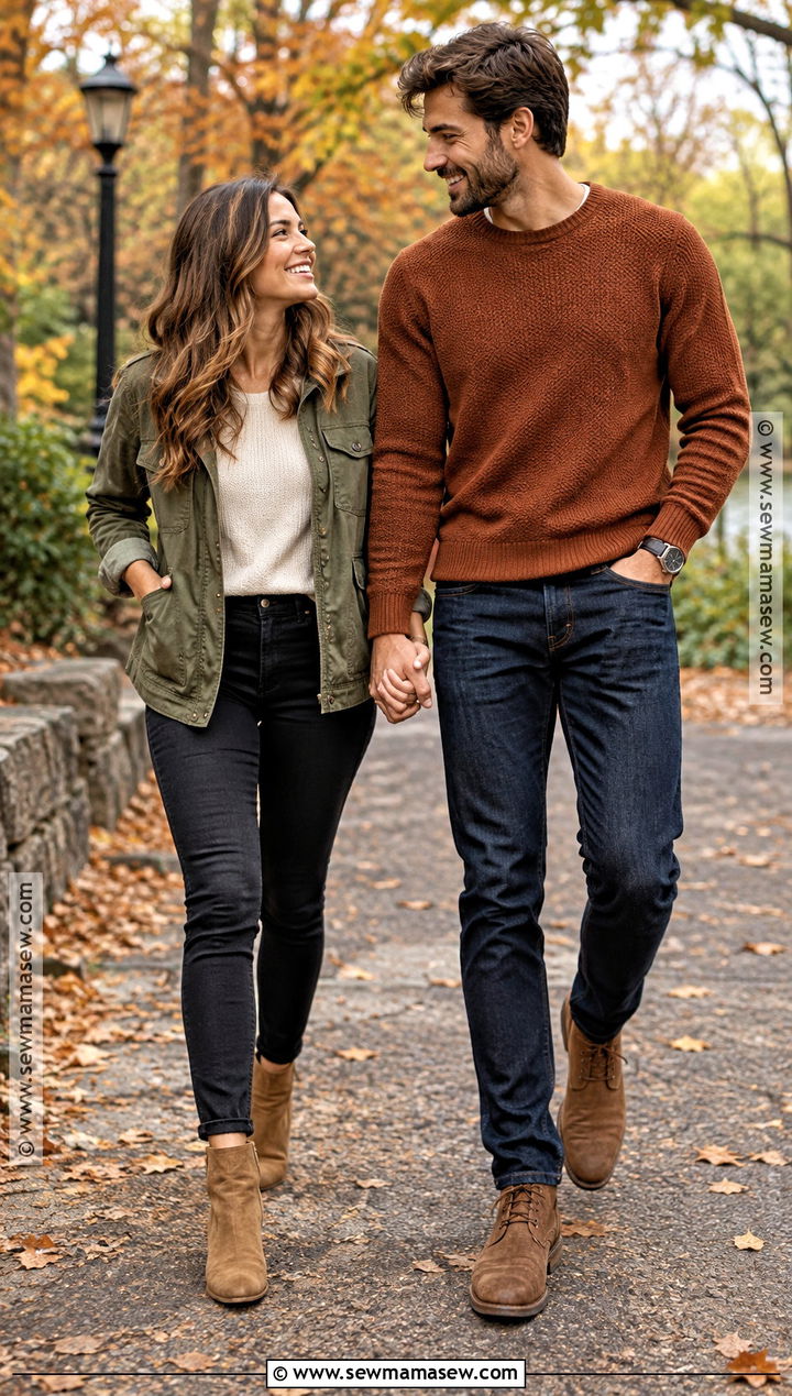 Olive Jacket And Rust Sweater Fall Couple Outfit - 15 fall outfit ideas for couple pictures