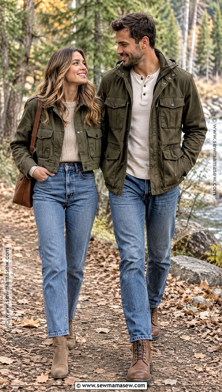 Olive Jacket And Straight Jeans Autumn Couple Outfit - 20 autumn couple outfit ideas