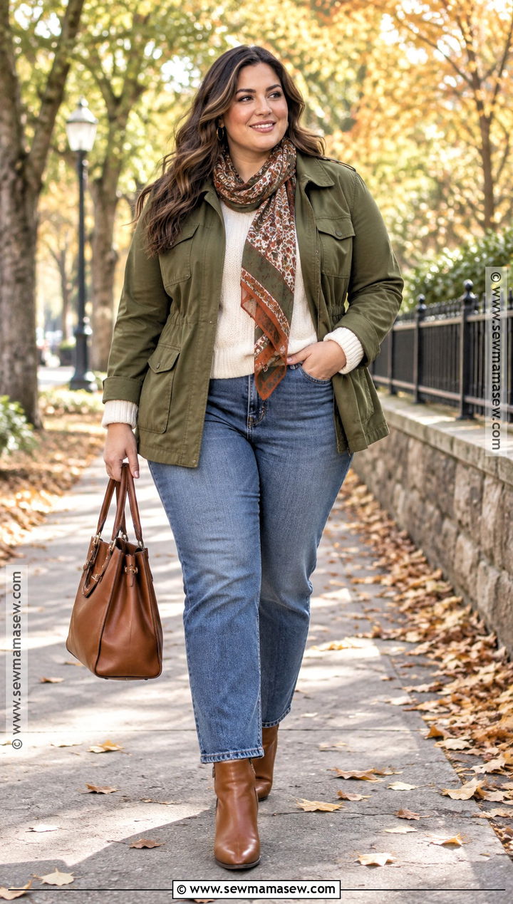 Olive Jacket With Ivory Knit And Blue Jeans - 20 autumn outfits chic