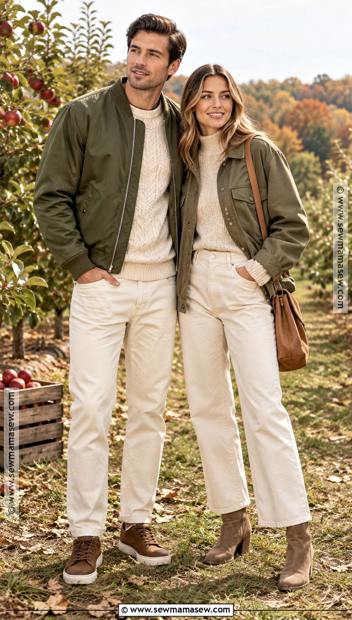 Olive Jacket and Cream Pants Couple Outfit - 25 matching fall outfits for couples