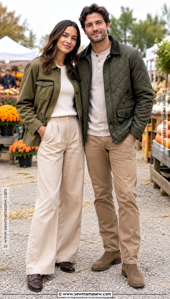 Olive Jacket and Neutral Pants Fall Couples Outfit - 20 fall couples outfits