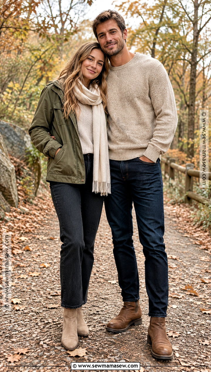 Olive Jackets and Neutral Knits Couple Outfit - 15 Fall Couple Photos Outfits Casual