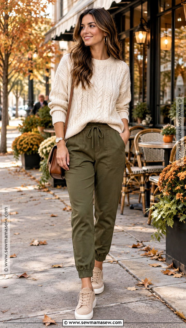 Olive Jogger Outfit With Cream Sweater - 15 Fall Jogger Outfits Casual