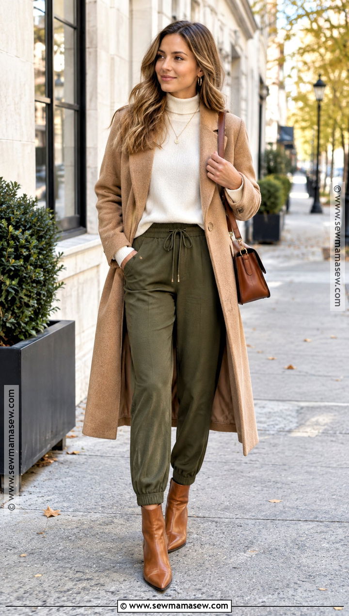 Olive Joggers With Camel Coat - 15 fall joggers outfit dressy ideas