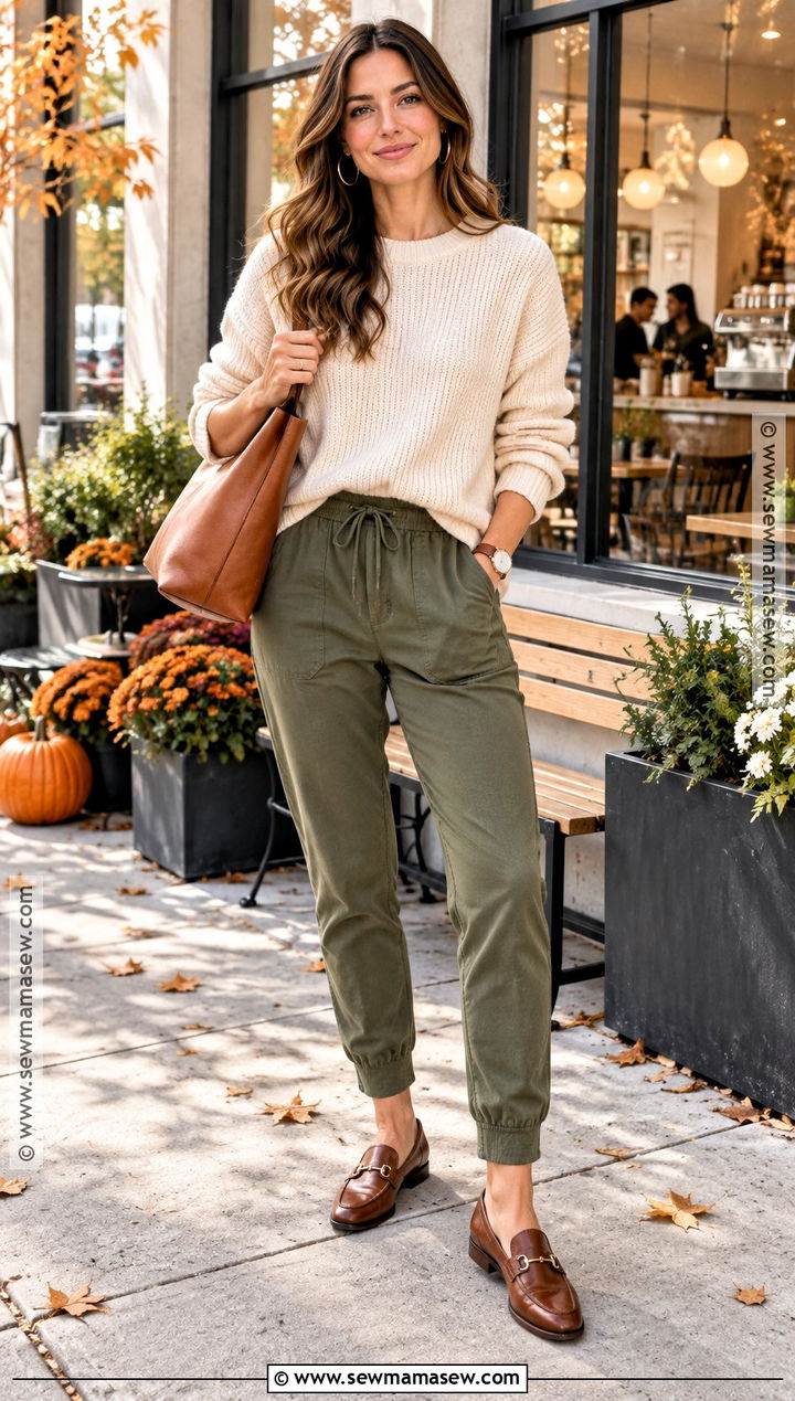 Olive Joggers With Cream Sweater And Loafers - 15 joggers fall outfit ideas