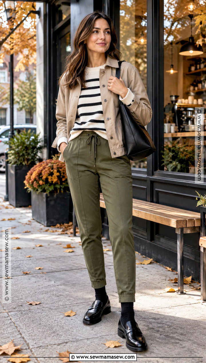 Olive Joggers With Striped Sweater And Loafers - 15 fall outfit joggers ideas