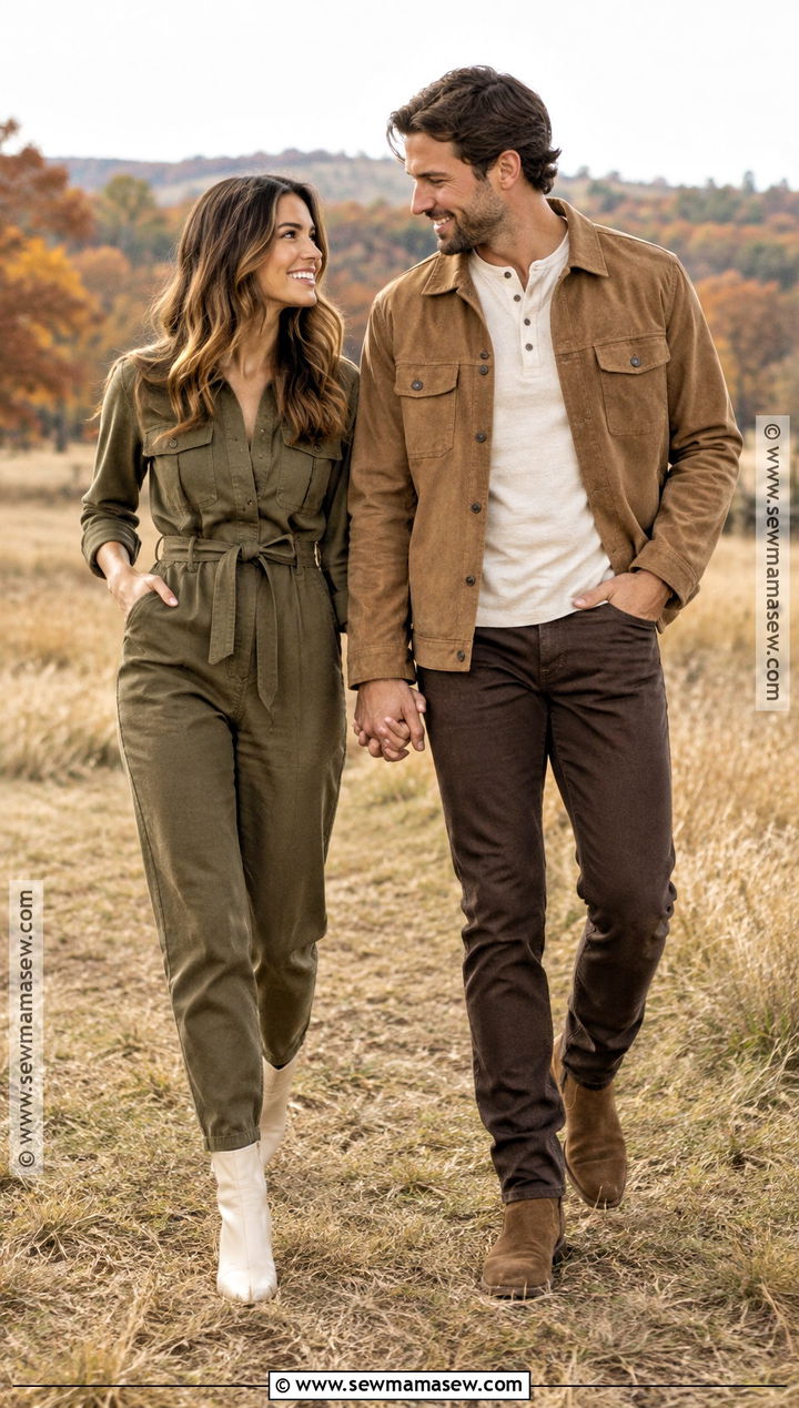 Olive Jumpsuit And Camel Overshirt Couple Outfit - 15 Couple Picture Outfit Ideas Fall