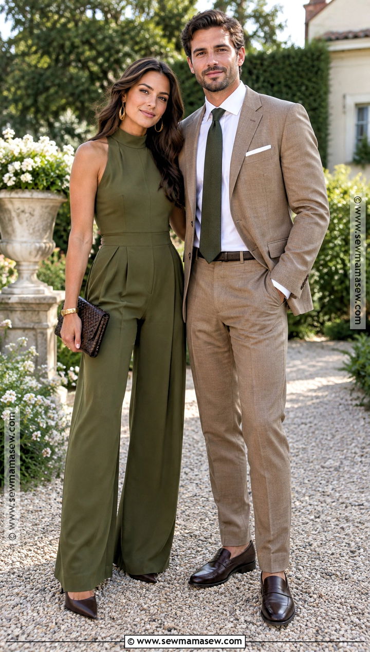 Olive Jumpsuit And Camel Suit Fall Wedding Guest Couple Outfit - 20 fall wedding guest couple outfits