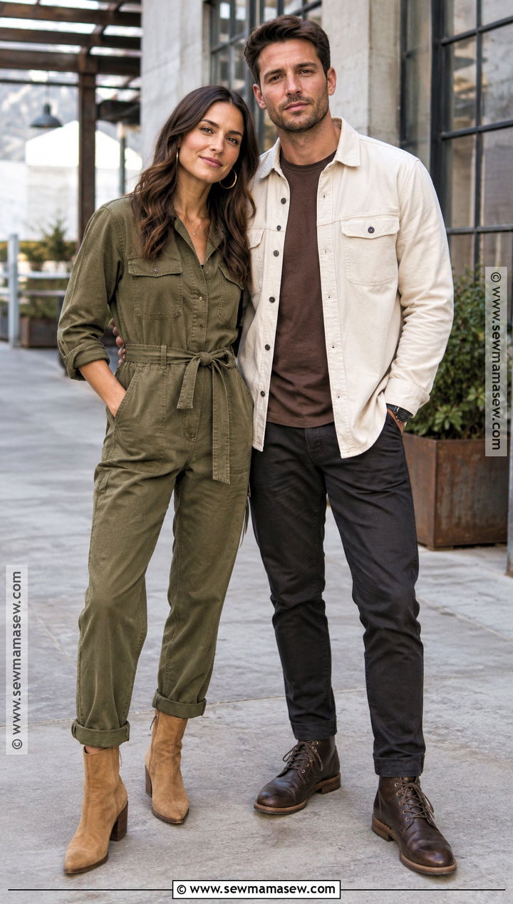Olive Jumpsuit And Cream Overshirt Fall Couples Photo Outfit - 20 Fall Outfits Couples Photo Ideas