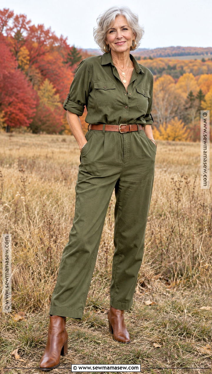 Olive Jumpsuit And Heeled Boots Senior Photo Outfit - 25 senior photo outfits fall
