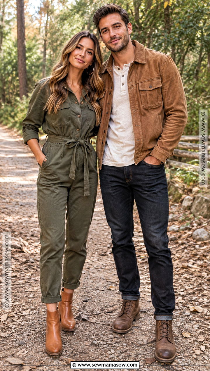 Olive Jumpsuit And Tan Jacket Fall Couples Photoshoot Outfit - 15 couples photoshoot fall outfit ideas