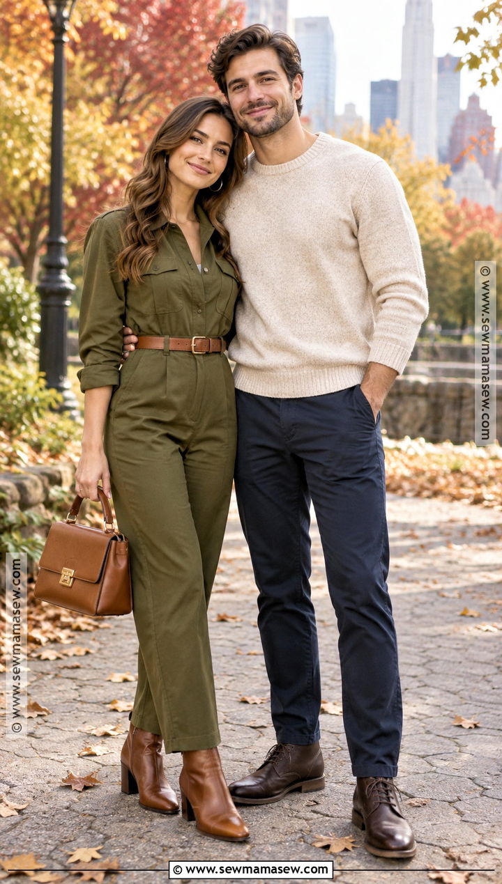 Olive Jumpsuit Autumn Engagement Photo Outfit - 20 autumn engagement photos outfits