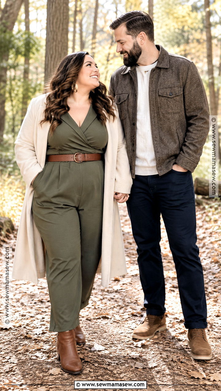 Olive Jumpsuit Fall Engagement Photo Outfit - 20 plus size engagement photos outfits fall