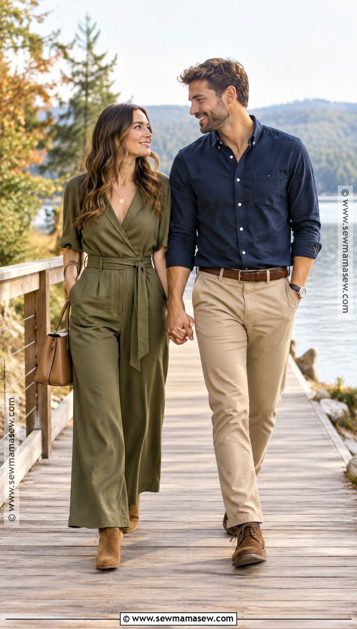 Olive Jumpsuit With Suede Ankle Boots - 15 engagement photos outfits september