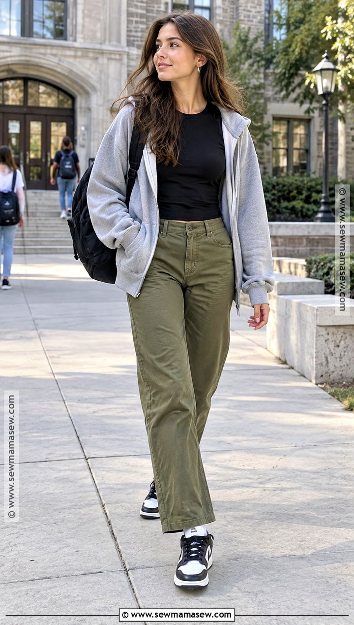 Olive Khakis With Black Top And Chunky Sneakers - 15 back to school outfits khakis