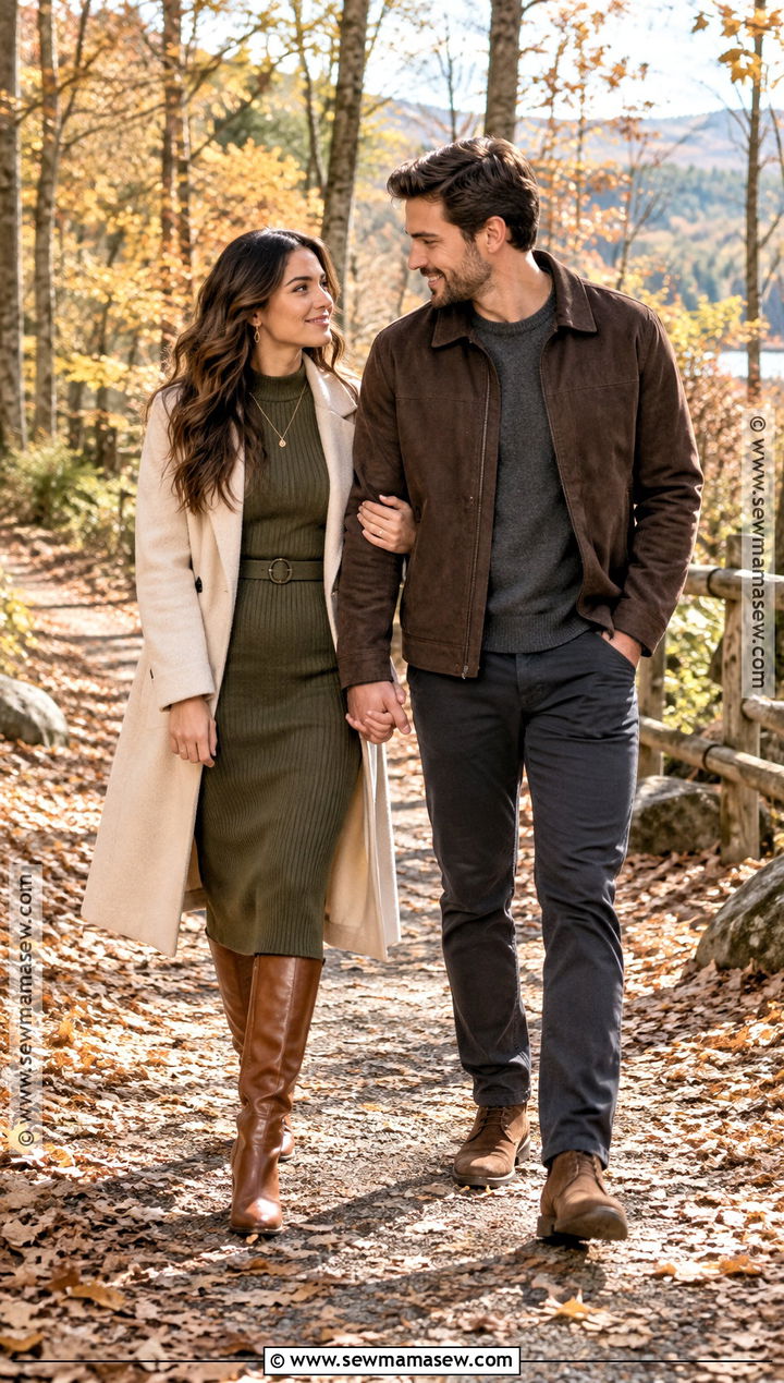 Olive Knit Dress And Tall Boots Engagement Photo Outfit - 15 engagement photo outfit ideas fall
