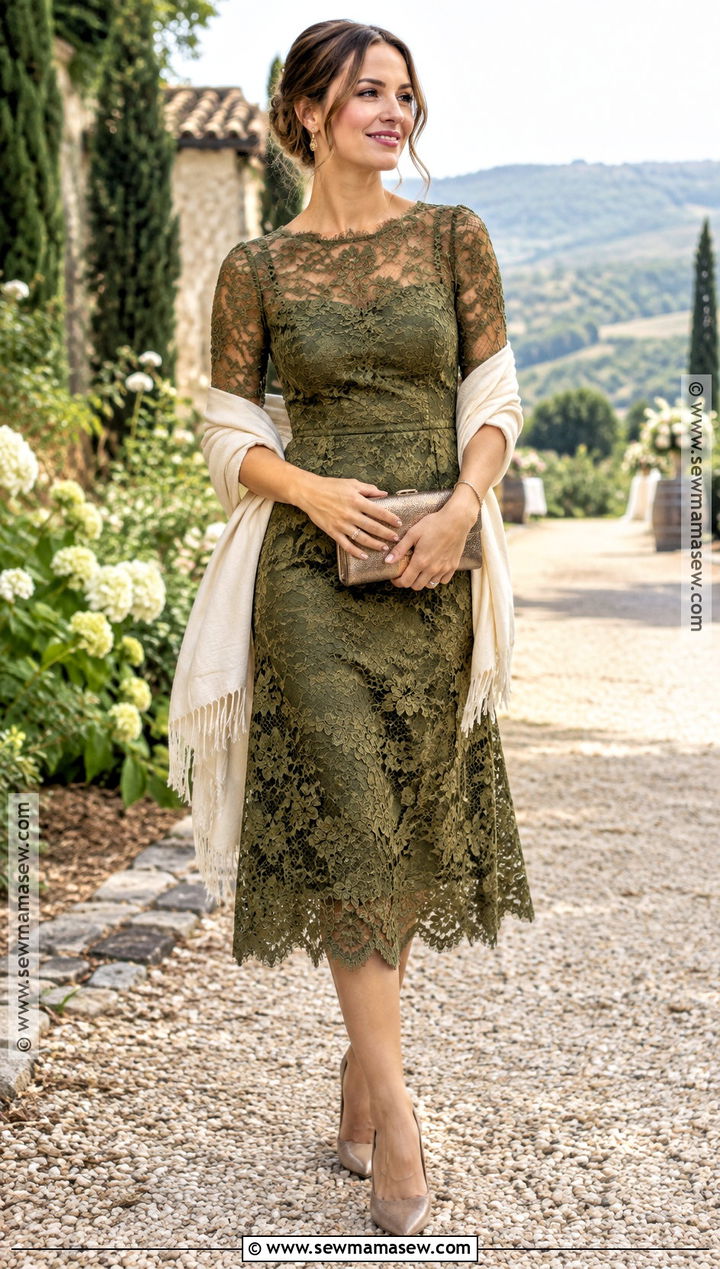 Olive Lace Midi Fall Wedding Guest Dress - 15 fall dresses wedding
