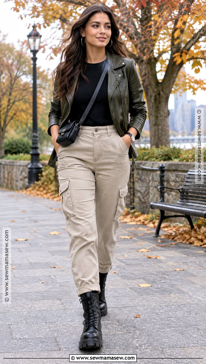 Olive Leather Jacket With Cargo Pants - 15 Autumn Leather Outfit Ideas