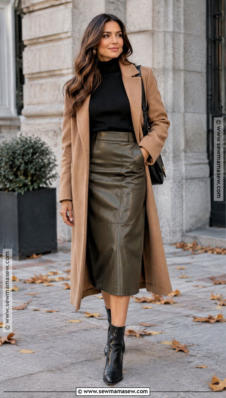 Olive Leather Skirt With Black Turtleneck - 20 Fall Leather Skirt Outfit Ideas