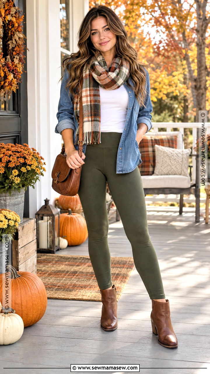 Olive Leggings And Denim Shirt Thanksgiving Outfit - 20 leggings thanksgiving outfit