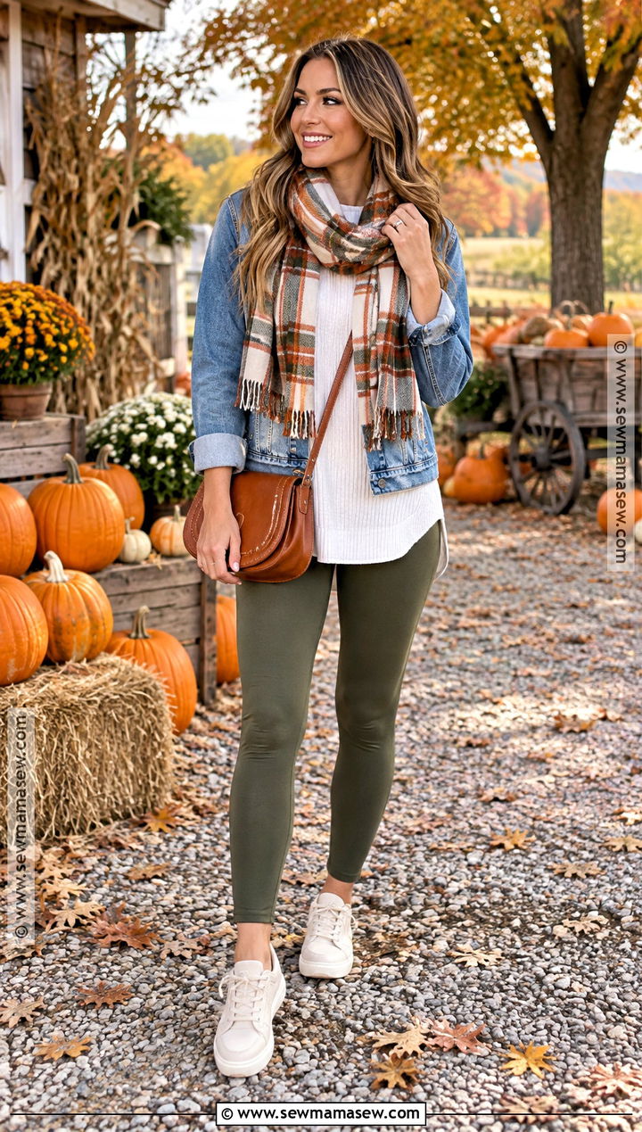 Olive Leggings With Denim Jacket And Sneakers - 20 Pumpkin Patch Outfit Leggings