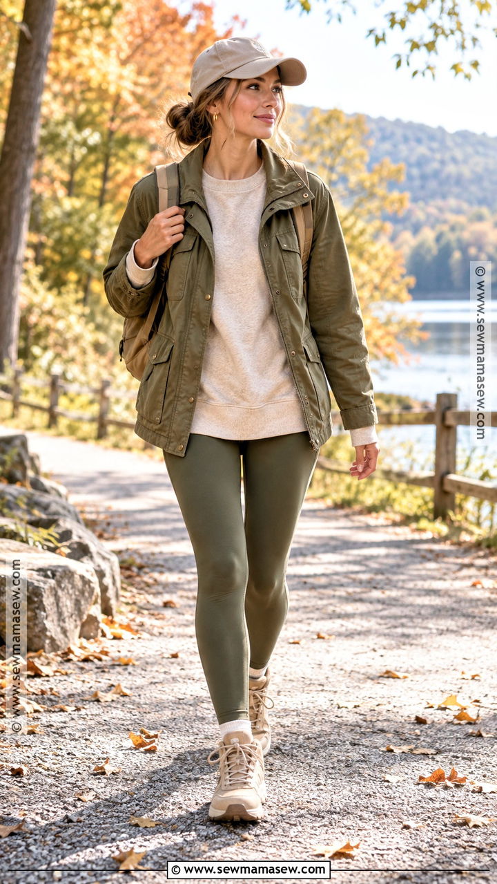 Olive Leggings With Utility Jacket And Hiking Sneakers - 20 leggings fall outfit casual