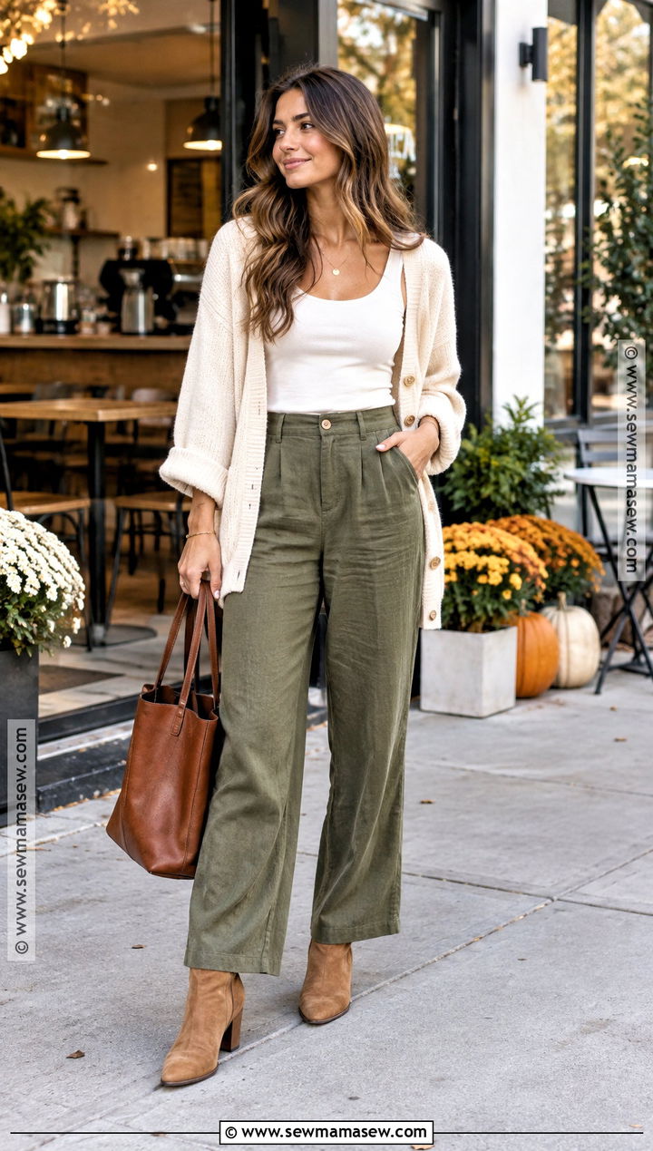 Olive Linen Pants With Cream Cardigan - 25 linen pants outfit fall