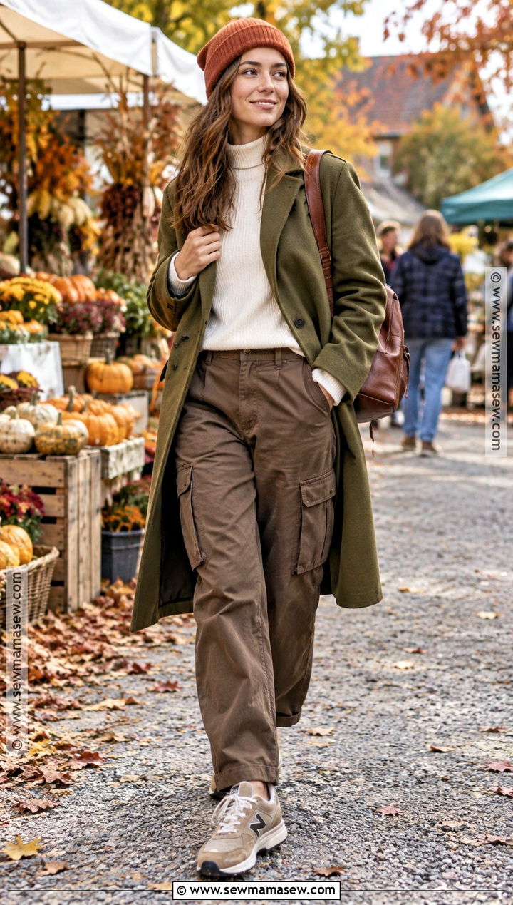 Olive Long Coat With Sweater and Cargo Pants - 15 fall outfit long coat ideas