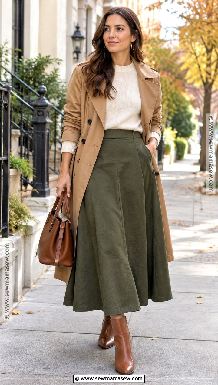 Olive Long Skirt Outfit With Cream Sweater - 25 fall outfits long skirt