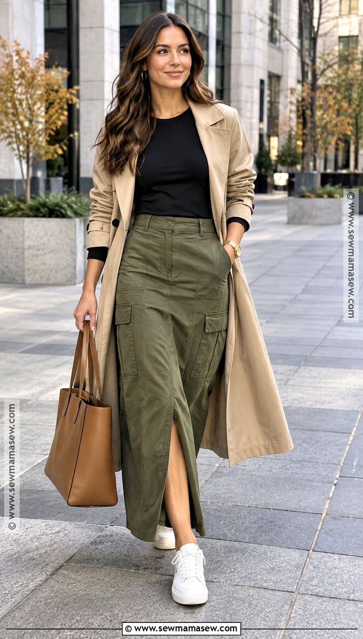 Olive Long Skirt Outfit With Trench Coat - 25 fall long skirt outfits