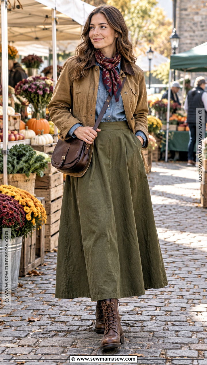 Olive Long Skirt With Chambray Shirt And Barn Jacket - 25 long skirt outfits fall