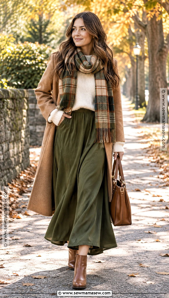 Olive Long Skirt With Cream Sweater - 25 Long Skirt Fall Outfits