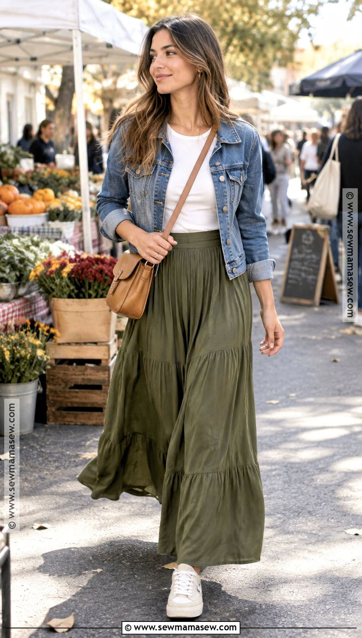 Olive Long Skirt With Denim Jacket And Sneakers - 20 Long Skirt Outfits For Autumn