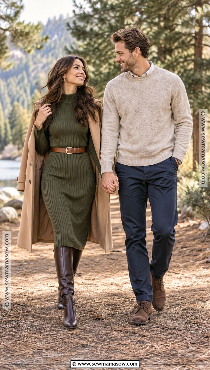 Olive Long Sleeve Dress With Knee High Boots - 15 engagement photos outfits fall dresses