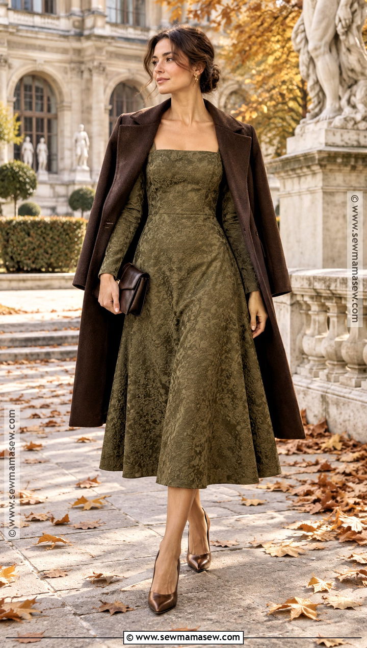 Olive Long Sleeve Jacquard Midi Dress - 15 semi formal dresses for wedding guest fall long sleeve