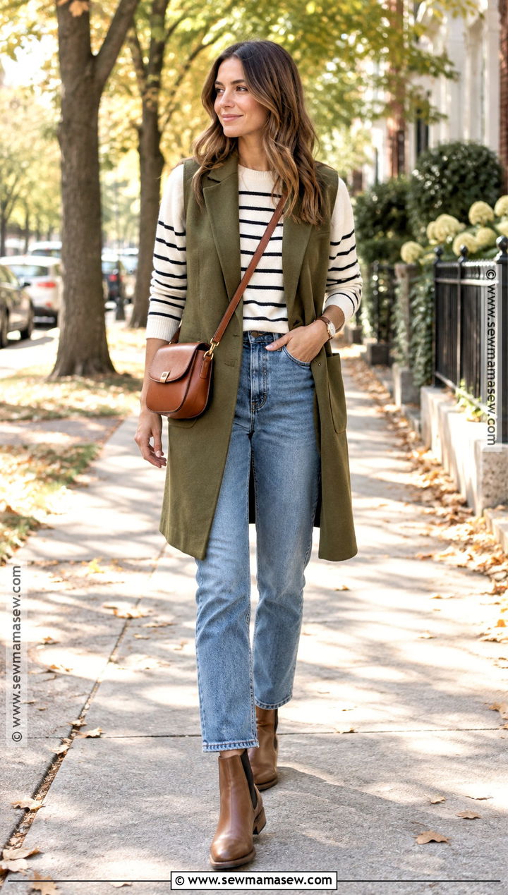 Olive Long Vest With Striped Tee And Jeans - 20 Long Vest Outfit Fall Ideas