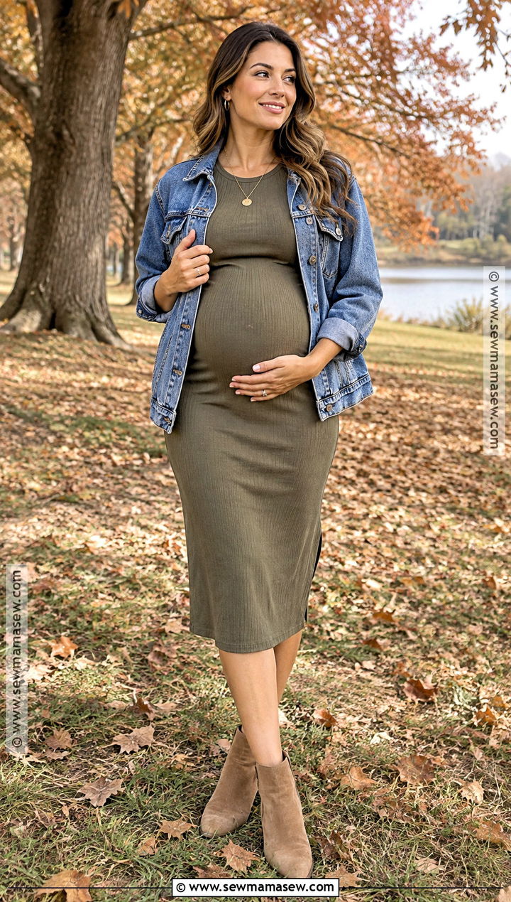 Olive Maternity Dress With Denim Jacket - 15 maternity photo outfits fall