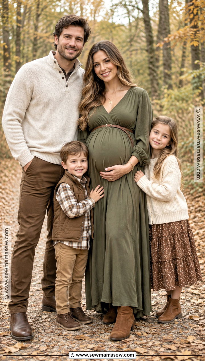 Olive Maternity Maxi Dress With Beige Family Outfits - 15 fall family maternity pictures outfits