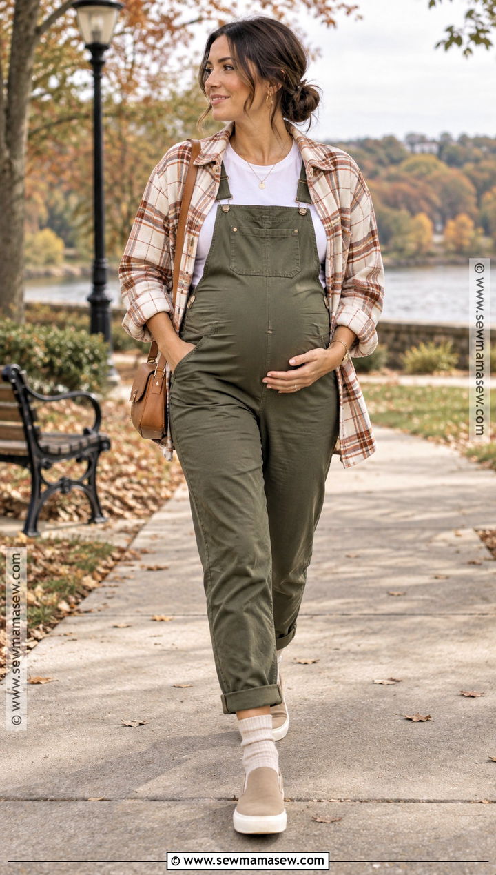 Olive Maternity Overalls With Plaid Shacket - 15 maternity overalls outfit fall